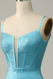 Mermaid Spaghetti Straps Blue Beaded Formal Dress