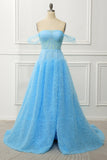 A Line Off the Shoulder Blue Corset Formal Dress with Ruffled