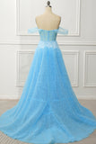 A Line Off the Shoulder Blue Corset Formal Dress with Ruffled