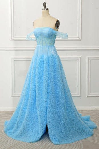 A Line Off the Shoulder Blue Corset Formal Dress with Ruffled