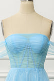 A Line Off the Shoulder Blue Corset Formal Dress with Ruffled