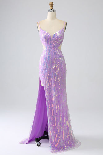 Sparkly Mermaid Spaghetti Straps Sequins Formal Dress with Slit