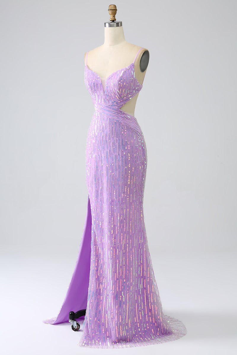 Load image into Gallery viewer, Sparkly Mermaid Spaghetti Straps Sequins Formal Dress with Slit