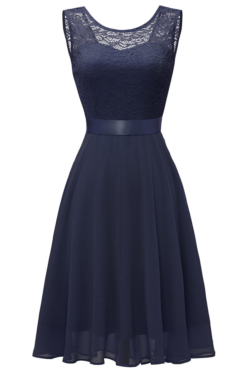 Load image into Gallery viewer, Navy Round Neck Backless Lace Dress