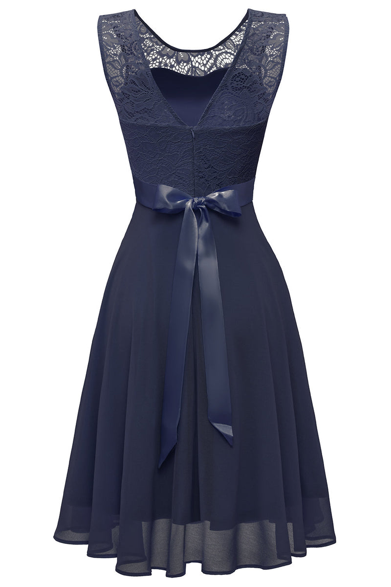 Load image into Gallery viewer, Navy Round Neck Backless Lace Dress
