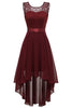 Load image into Gallery viewer, High Low Round Neck Burgundy Lace Dress with Bowknot