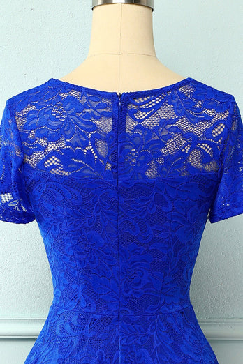Asymmetical Royal Blue Lace Dress