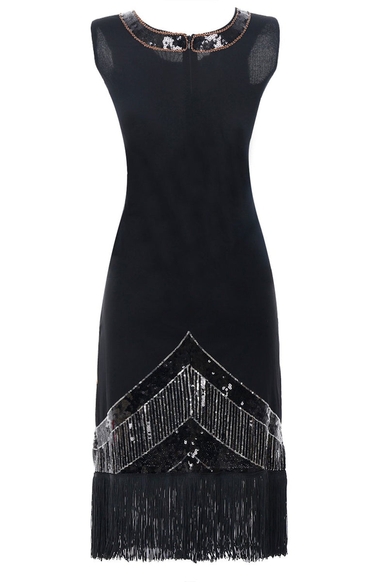 Load image into Gallery viewer, Black 1920s Sequins Fringe Flapper Dress