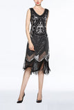 Women Black V Neck 1920s Fringe Sequin Flapper Dress