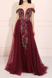 Burgundy Beaded Long Prom Dress