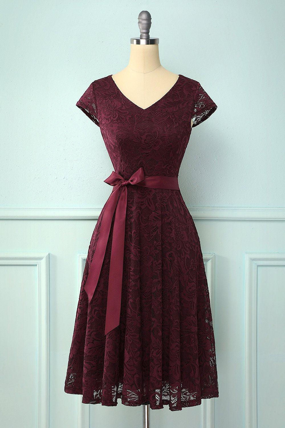 Solid V Neck Bridesmaid Lace Dress