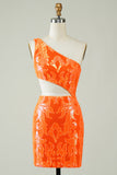 Orange One Shoulder Glitter Short Formal Dress with Hollow-out