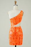 Orange One Shoulder Glitter Short Formal Dress with Hollow-out