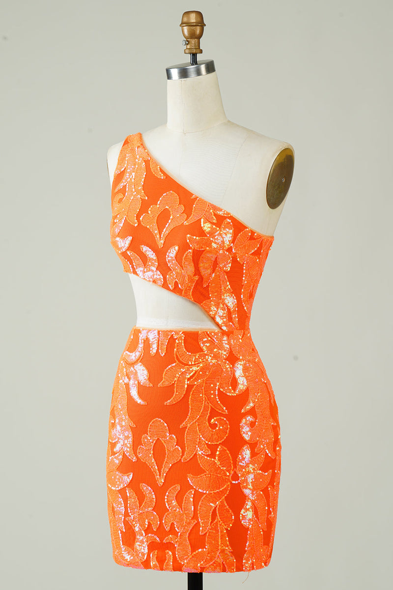Load image into Gallery viewer, Orange One Shoulder Glitter Short Formal Dress with Hollow-out