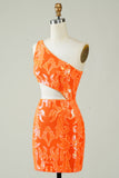 Orange One Shoulder Glitter Short Formal Dress with Hollow-out