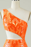 Orange One Shoulder Glitter Short Formal Dress with Hollow-out