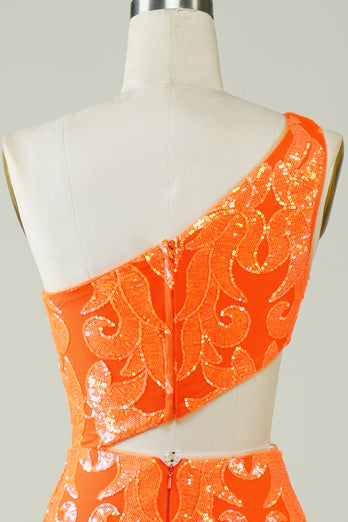Orange One Shoulder Glitter Short Formal Dress with Hollow-out