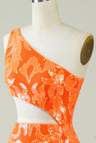 Orange One Shoulder Glitter Short Formal Dress with Hollow-out