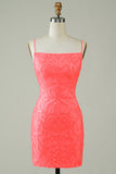 Spaghetti Straps Peach Glitter Tight Short Formal Dress