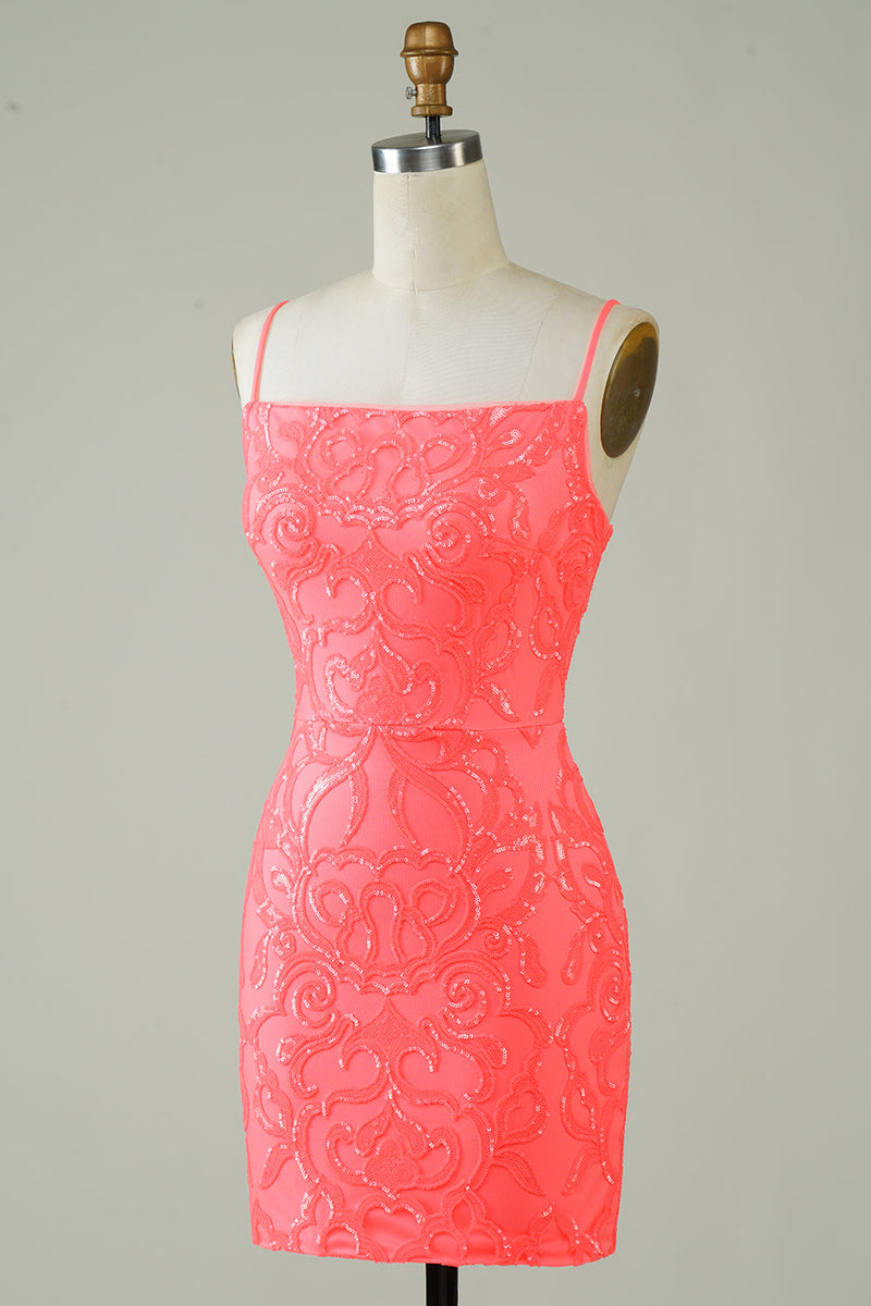 Load image into Gallery viewer, Spaghetti Straps Peach Glitter Tight Short Formal Dress