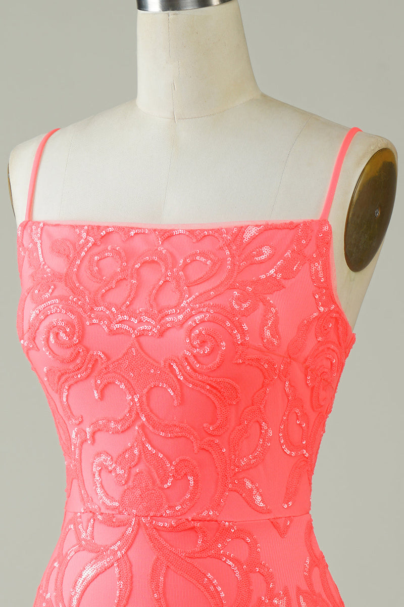 Load image into Gallery viewer, Spaghetti Straps Peach Glitter Tight Short Formal Dress