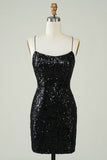 Black Sequins Spaghetti Straps Tight Short Formal Dress