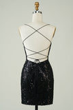 Black Sequins Spaghetti Straps Tight Short Formal Dress