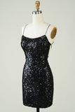 Black Sequins Spaghetti Straps Tight Short Formal Dress