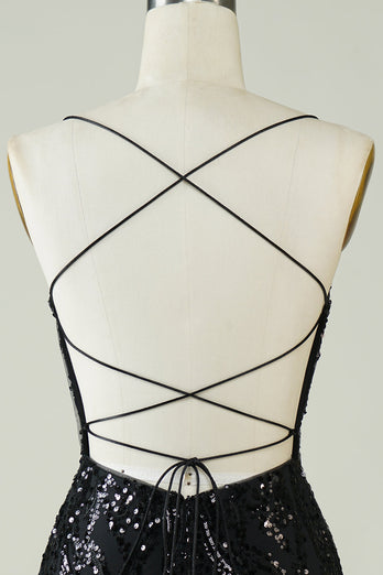 Black Sequins Spaghetti Straps Tight Short Formal Dress