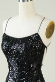 Black Sequins Spaghetti Straps Tight Short Formal Dress