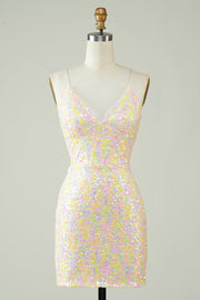 White Spaghetti Straps Tight Short Formal Dress with Rainbow Sequins