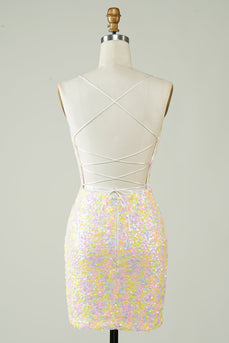 White Spaghetti Straps Tight Short Formal Dress with Rainbow Sequins