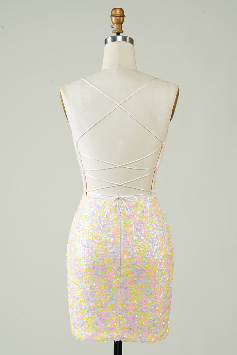 Load image into Gallery viewer, White Spaghetti Straps Tight Short Formal Dress with Rainbow Sequins