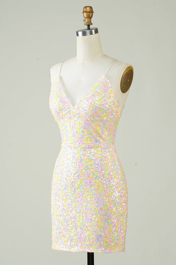 White Spaghetti Straps Tight Short Formal Dress with Rainbow Sequins