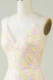 White Spaghetti Straps Tight Short Formal Dress with Rainbow Sequins