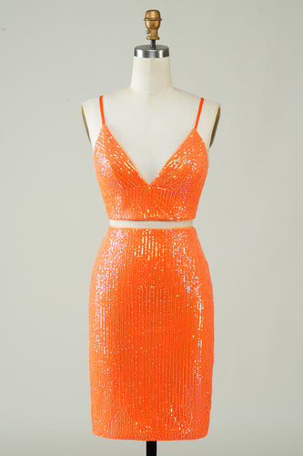 Two Piece Orange Sequins Tight Short Formal Dress