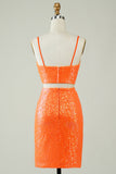 Two Piece Orange Sequins Tight Short Formal Dress