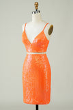 Two Piece Orange Sequins Tight Short Formal Dress