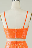 Two Piece Orange Sequins Tight Short Formal Dress