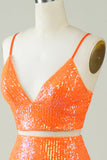 Two Piece Orange Sequins Tight Short Formal Dress