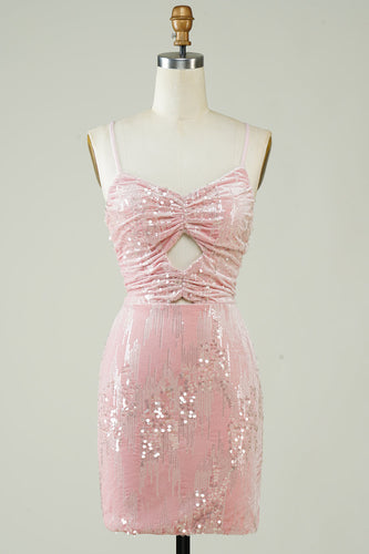 Velvet Sequins Pink Tight Short Formal Dress with Hollow-out
