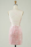 Velvet Sequins Pink Tight Short Formal Dress with Hollow-out