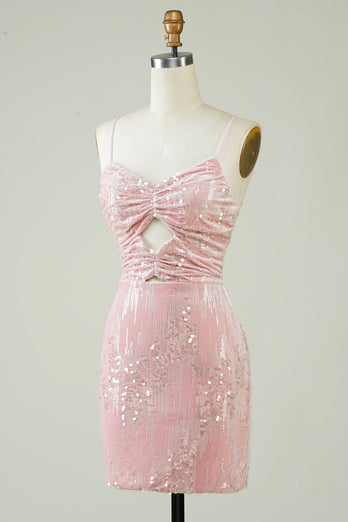 Velvet Sequins Pink Tight Short Formal Dress with Hollow-out