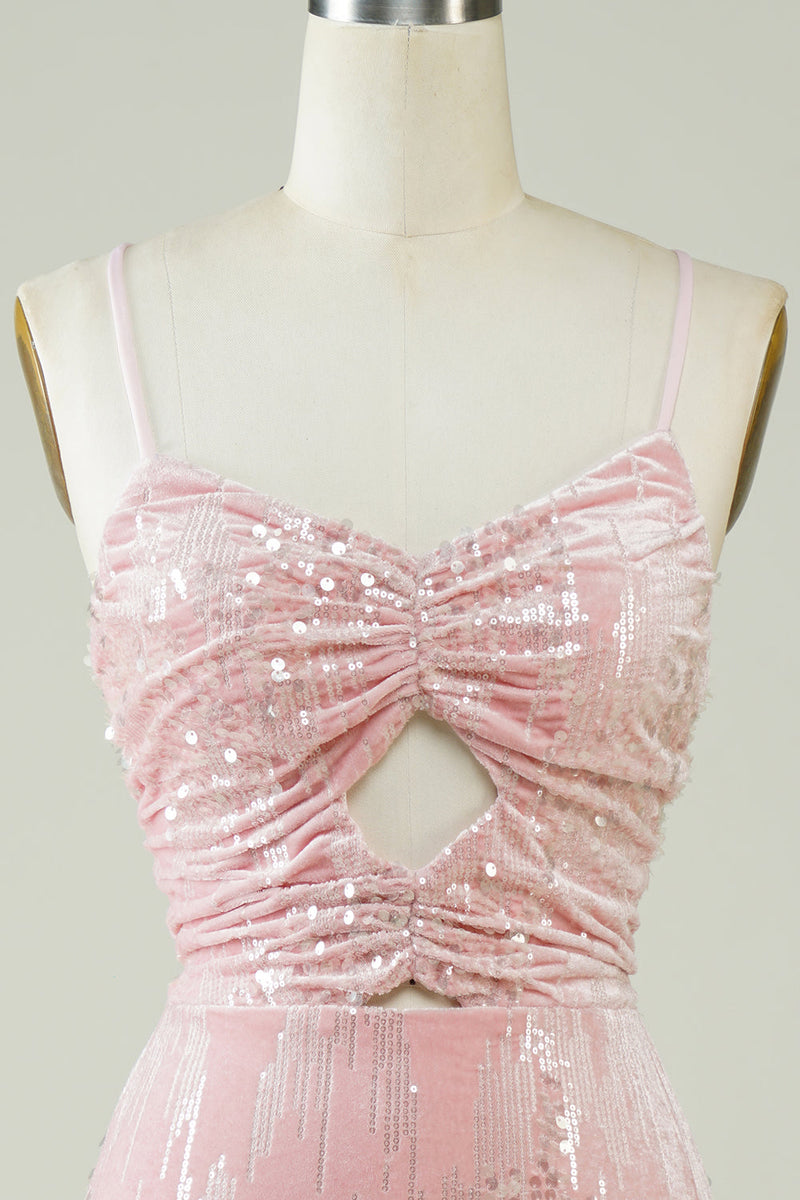 Load image into Gallery viewer, Velvet Sequins Pink Tight Short Formal Dress with Hollow-out