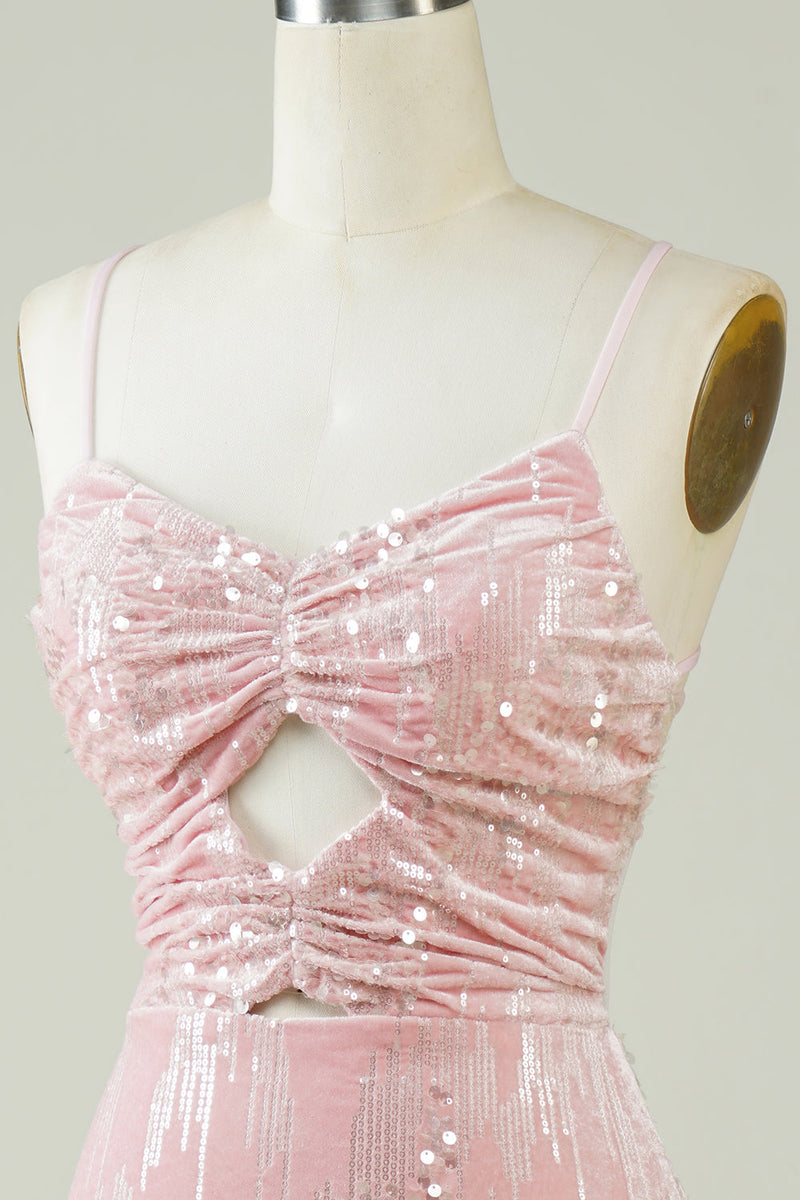 Load image into Gallery viewer, Velvet Sequins Pink Tight Short Formal Dress with Hollow-out