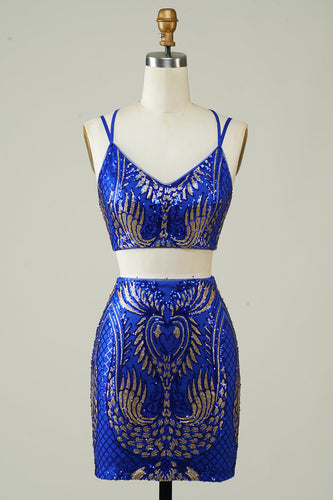 Royal Blue Two Piece Glitter Tight Short Formal Dress