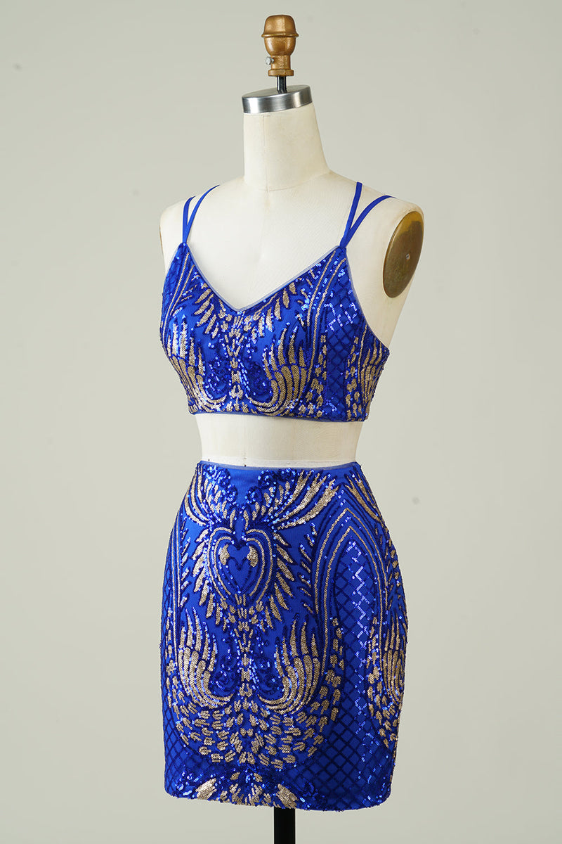 Load image into Gallery viewer, Royal Blue Two Piece Glitter Tight Short Formal Dress