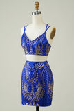 Royal Blue Two Piece Glitter Tight Short Formal Dress