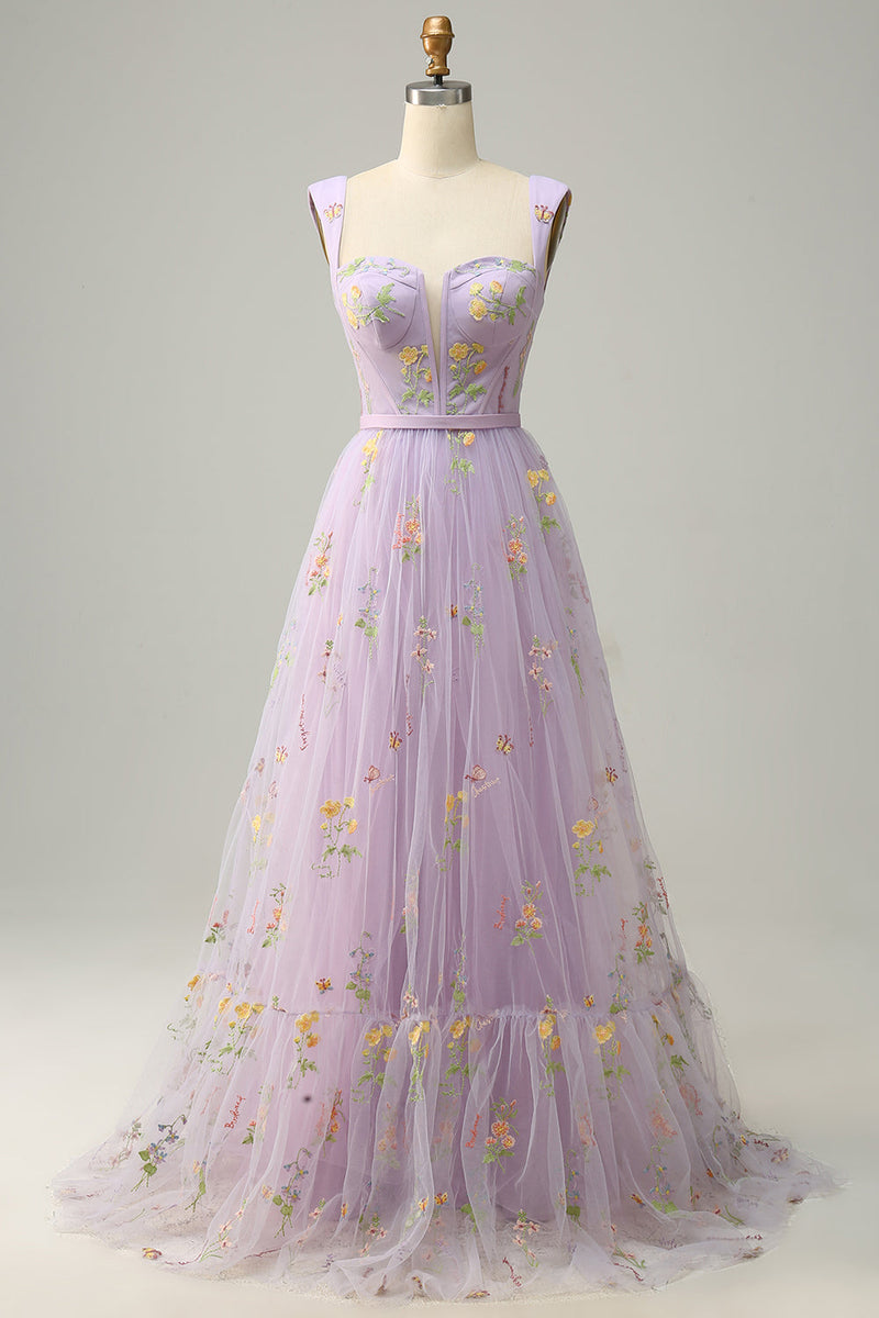 Load image into Gallery viewer, A-Line Square Neck Purple Long Formal Dress with Embroidery