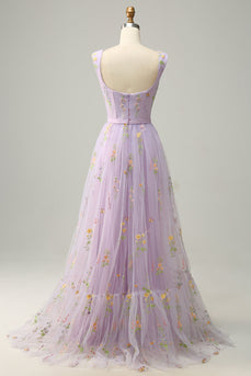 A-Line Square Neck Purple Long Formal Dress with Embroidery